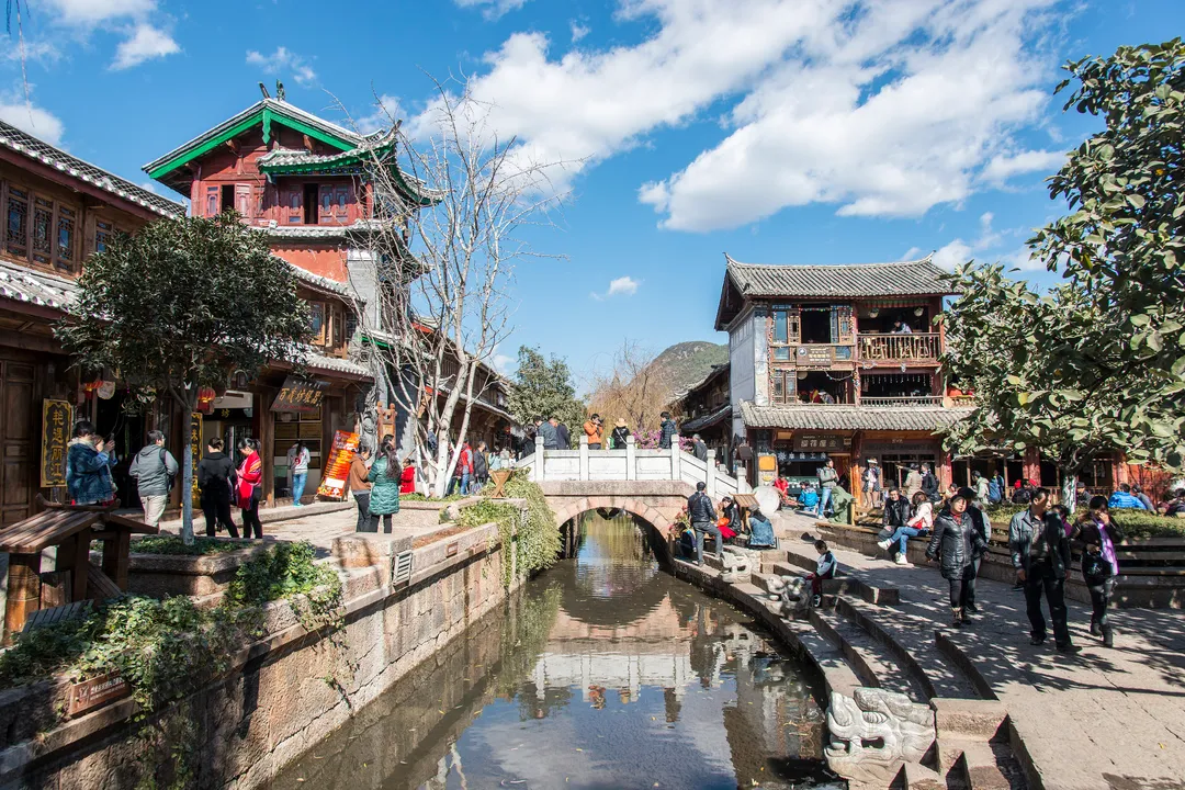 Lijiang Old Town stone lanes with Jade Dragon Snow Mountain backdrop